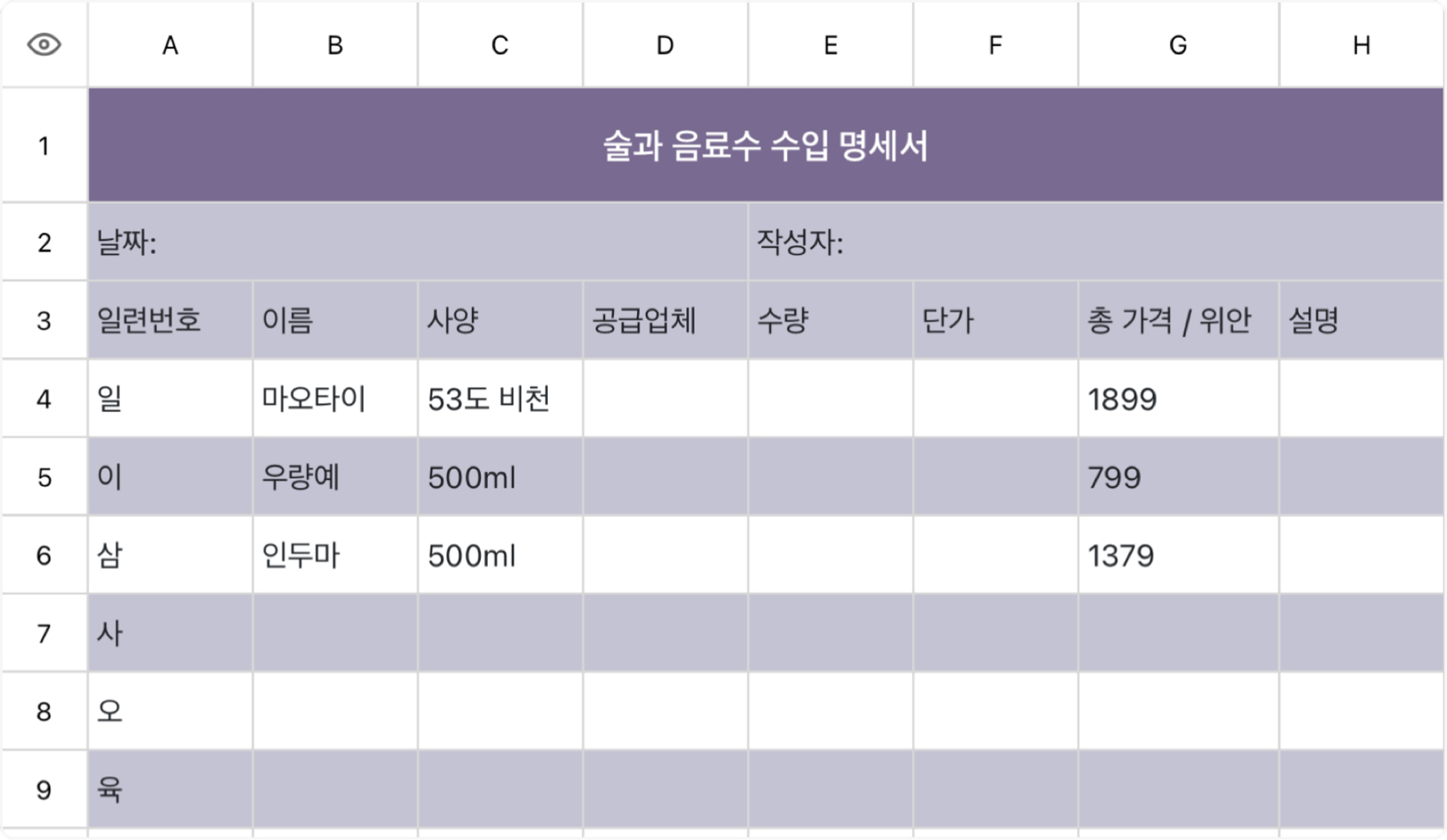 술과 음료수 수입 명세서